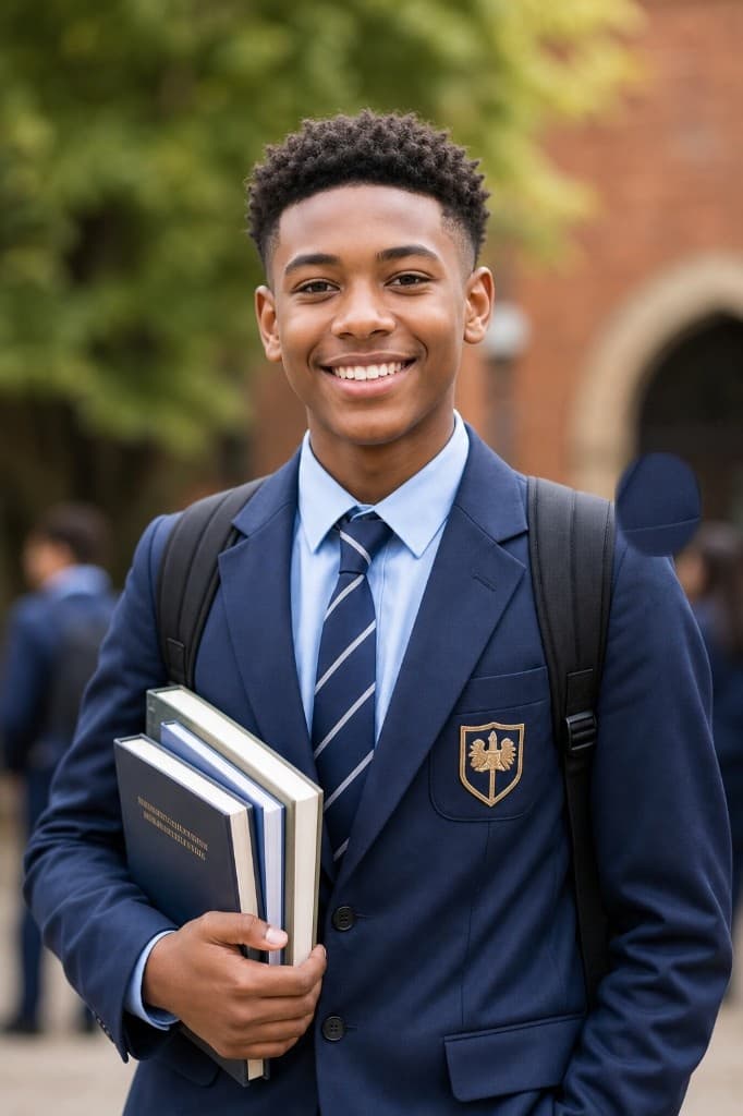 Smiling Black student with a backpack and books, representing youth receiving direct aid