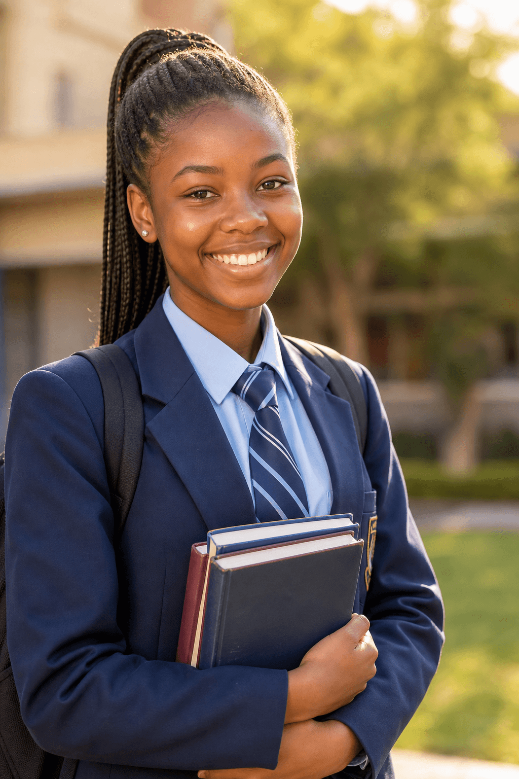 Smiling Black student in a navy school uniform holding textbooks outdoors